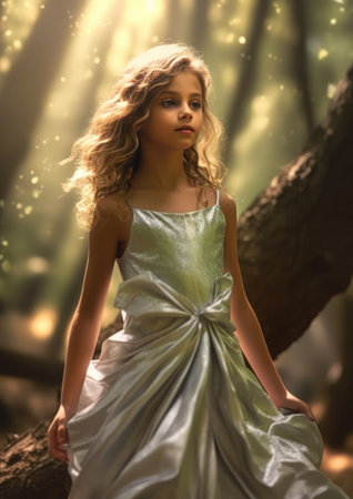 puffy dress eyes natural smile high young girl green sitting tree branch fancy silver dream child glow coming captured woods long curly light blond hair draped gold, generative aiの素材