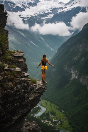 mountain free woman standing cliff above valley seeing sides bit insane berne princess amazing technology nature harmony transcending higher plane looking west virginia high details, generative aiの素材