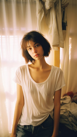 fashion girl bedroom woman sitting bed white shirt short medium length hair next door innocent look wearing low cut young love pale sky pits frame, generative aiの素材
