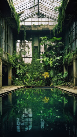 reflection window view pool building glass roof forgotten lost forest foliage city abandoned neo brutalism contemplation polluted green robes, generative aiの素材