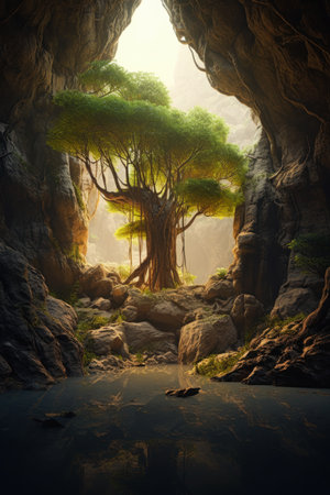 tree inside cave river view light coming cute radiate connection olive forgotten realms hanging gardens still life backdrop, generative aiの素材