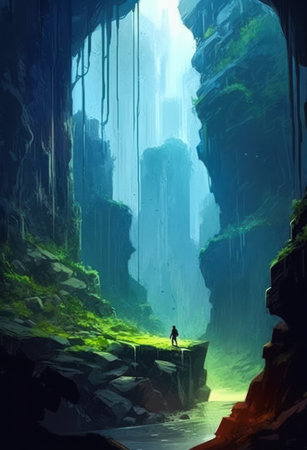 canyon caves man stone standing cave looking waterfall stylized urban verdant gradient descend deep downhill landscape lost city still, generative aiの素材