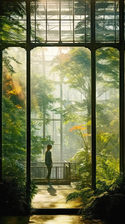 reflection window man standing glass house looking out trees promotional big interior plants volumetric light terrarium interconnected human rainforest passing time gardens forests, generative aiの素材