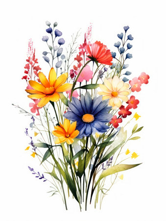 wildflowers abstract bouquet flowers colored illustration light simplified short round glass vase listing signature gardens flower beds, generative aiの素材