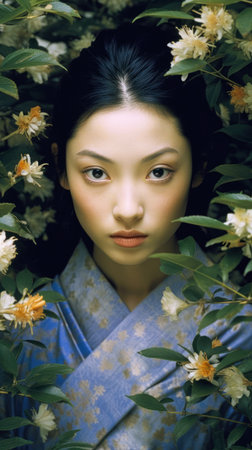 reflection window closeup woman kimono flowers gorgeous chinese model portrait young teenage girl facial features natural colors indian princess white balance enchanted plants female assassin, generative aiの素材