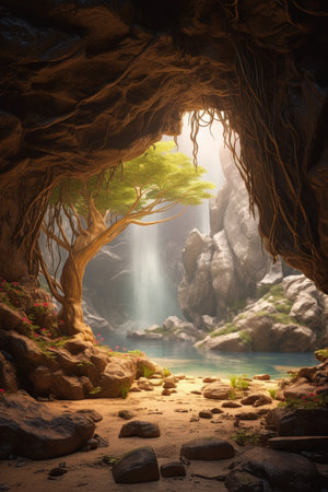 tree inside cave river view trees background gorgeous oasis desert cavern temple truth white room radiate connection avatar shaded lighting, generative aiの素材