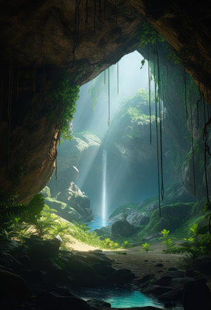 interior cave entrance view waterfall coming out river enchanted garden movie overgrown greenery room landscape heaven, generative aiの素材