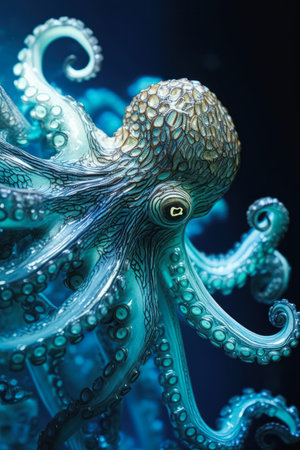 octopus white long tentacles large eye generative cyan backdrop shading techniques illustration profile black figure greed golden mean, generative aiの素材