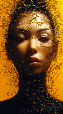 sew seeds dazzling closeup face portrait woman long hair product surreal black yellow contemporary designed girl frontal delicate armature wire interconnected human models, generative aiの素材