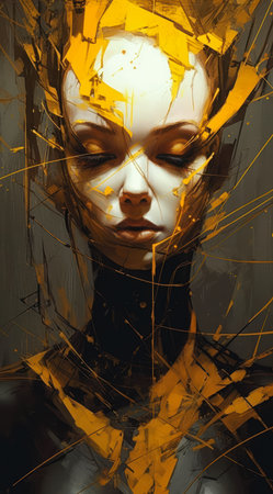 crack dawn closeup face portrait mini woman yellow headpiece black body girl golden organic structures dissolving dripping paint facial structure stylized, generative aiの素材