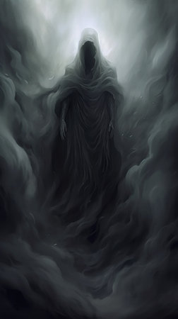 ghost gloom man cloak standing cloud filled sky horrors funeral veil darkness faceless disappearing, generative aiの素材