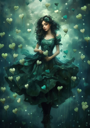 The last skies above the blue heart wrapped woman in a green dress are surrounded by hearts. The moody misty floating greenish rainstorm angel girl with brown hair in thick layers has rhythms and tones of black background rain.の素材