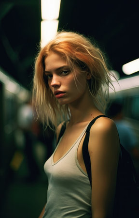 The young woman in the picture seems to be lost in thought, standing in a subway station. She is slim and blonde, with worn clothes that mix styles. Her upper arms are skinny, and she gazes downcast. She looks like a heroine from a story, and her portrait is teenaged.の素材