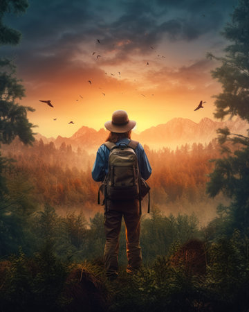 The young explorer is standing in the forest at sunset, holding binoculars and looking around. The atmosphere is one of adventure and excitement, and the music album is about nature and utopia. The wanderer is a guide and ranger, and the young explorer is learning about the world around them.の素材