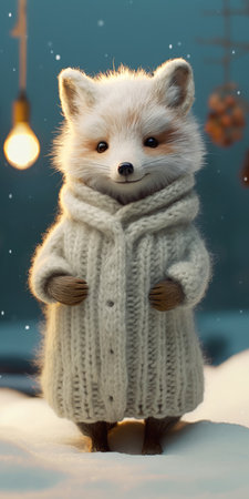 The resourceful anthropomorphized polar fox was dressed in a sweater and scarf and standing in the snow. He was holding a warm, gentle smile and the sun princess was smiling.の素材