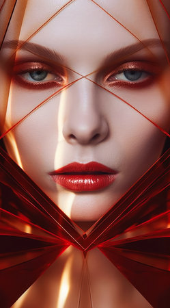 This is an alchemist's portrait, and she is shown with red lipstick and makeup. She has a book cover with a transparent glass diamond eye. Her cheekbones are fractured, but she still looks good.の素材