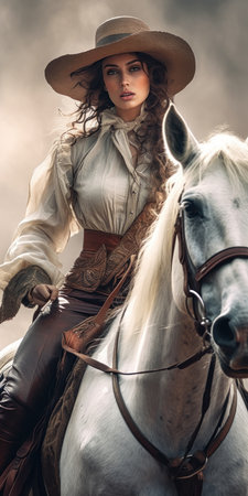 A woman cowboy, clad in white breeches and a blouse, arrives in heaven, mounted on a white horse. She is dressed as a princess, and her hat is adorned with a taylor joy pirate.の素材