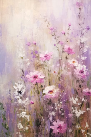 In this painting, a bee is flying among a field of flowers, with violet, pink, and white blooms radiating out from a central point. The colors are soft and misty, creating a sense of calm and connection with the natural world. Gold accents add a touch of luxury and elegance.の素材