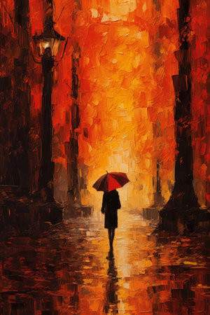 A woman walks down a street in the rain, holding an umbrella. She is illuminated by the light of a fire, and the smoke from the fire gives the scene an orange hue. The heavy rainfall creates a romantic atmosphere.の素材
