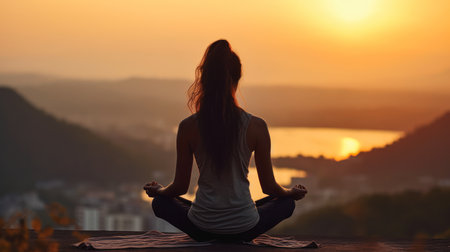 Back view woman yoga pose sun mountain city sunset atmosphere body skin center cannot hold duplication seven person music festival design connecting life. This image is of a woman practicing yoga while the sun sets over a cityscape. The mountains in the distance and the city skyline create a beautiful atmosphere. The body skin center cannot hold duplication seven person music festival design connecting life. This image is of a woman practicing yoga while the sun sets over a cityscape.  atmosphere.の素材