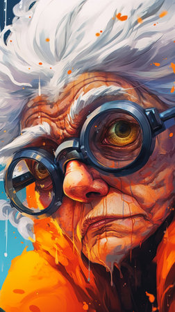 This is an old woman with an orange eye and an angry attitude. She is wearing glasses and a yellow jacket. She is an expressive face pilot and a mad scientist. She is solo and has a portrait. She is irreverent and has blue and white hair. She has a big canvas and auto walls. She is round and has goggles.の素材