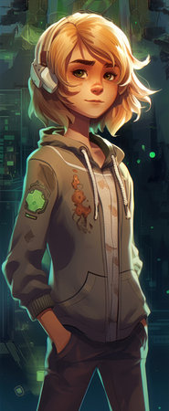 This poster features a teenaged girl with short hair and a golden lynx valve clover aliased realist city profile. She is standing in front of the city with her jacket and headphones on.の素材