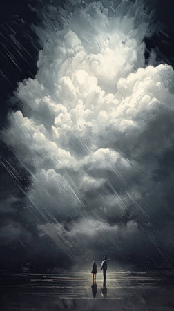 The huge clouds in the sky are like dreams, floating and dissolving. The man and woman walking on the beach are under a cloudy sky, and their favorite rain is falling. The sea is full of white, fluffy clouds.の素材