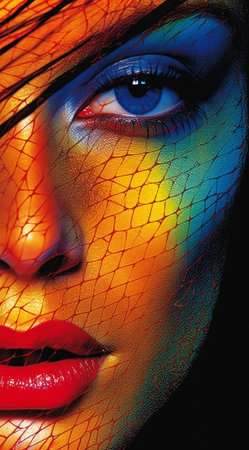 This is a closeup portrait of a woman with a veil over her face. She has fishnet gradient iridescence color impactful skin and deep blue tribal paint. She looks very romantic and mysterious.の素材