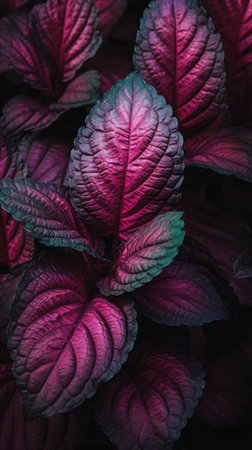 Closeup leaves purple green them room large basil rich deep pink membranes face mauve flower. The leaves are a deep purple, with green veins running through them. The room is large, and the basil is rich and pink. The membranes are a mauve color, and the face is a deep pink.の素材