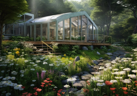 This is a description of a country villa with a spacious view of the garden house, woods, lot, flowers, dome, and mountains. The villa is built on a steep hill and is shackled to a computer. The green blessing of the villa gives it a lot of character.の素材