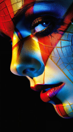 This is a stunning close-up portrait of a woman with bright, spider-like eyes. The colors are bold and complementary, and the contour lines give the face a beautiful, abstract quality. This would be an eye-catching addition to any catalog or collection.の素材