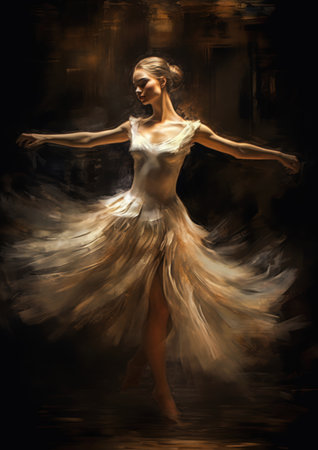 The ballerina is spinning and twisting, her blonde hair flying out around her. She's wearing a beautiful white dress that's billowing out around her like a cloud. She looks like a perfect angel, with the light shining behind her.の素材