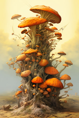 A human fungus hybrid scholar is closeup mushrooms tree stump reaching sky. They are a twisted giant tower fool nuclear mushroom smoke towering.の素材
