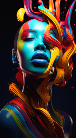 This illustration is all about a black woman's natural beauty. Her hair is styled in a contoured way, and her makeup is applied in a way that makes her look even more beautiful. The fluid abstract design in the background adds to the overall aesthetics of the image, and the bold colors make it even more eye-catching.の素材