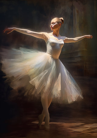 A ballerina in a white tutu is dancing under a beam of volumetric light. She looks like a professional dancer, and the lighting makes her look even more graceful. The tutu is billowing around her as she moves, and she looks like she's floating on air.の素材