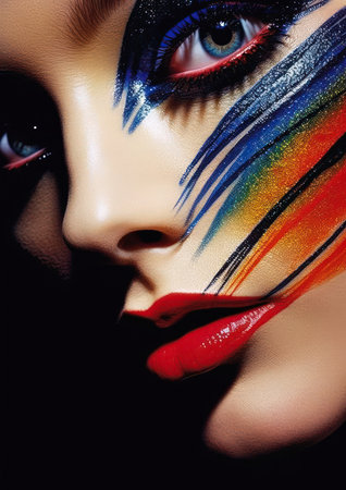 This closeup portrait of a woman is drop-dead gorgeous, with her eye-catching red and blue brand colors and bold, fiery particles. Her lip is scarred, but it doesn't take away from her beauty. She looks like she's ready to take on the world.の素材