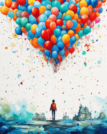 A person is standing on a platform, holding a bunch of balloons. The balloons are floating in the air, and the person is letting them go. The balloons are blue, brown, and red, and they are scattered in the sky. The person has a big heart, and they are giving love to the world. The balloons are disconnected from the person, but they are still connected to the person's heart. The person is disconnected from the world, but they are still connected to the world's heart.の素材