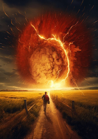 A man is seen walking down a dirt road towards a huge explosion in the distance. The explosion is so large that it can be seen from space. The man looks to be in a state of blissful ecstasy, as if he knows his fate and is content with it. The image is reminiscent of a movie poster or cover, with the intense colors and lens flares adding to the effect.の素材