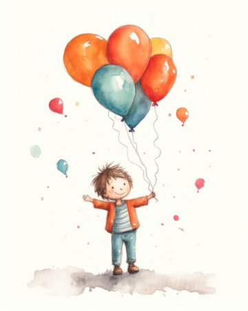 The illustration shows a boy holding a bunch of balloons, with a girl standing next to him. They both look happy and ready to fly away. The simple grey background makes the illustration look cute and cheerful.の素材