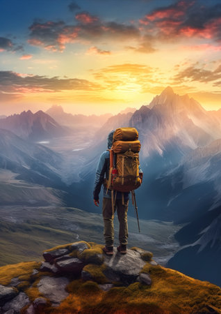 The hiker backpack hiking gear standing mountain valley dreams survival greater borders hands horizon view summer camp is the perfect place to explore the great outdoors. With plenty of hiking gear and a backpack, you can explore the mountains and valleys to your heart's content. And if you're lucky, you might even catch a glimpse of the horizon.の素材