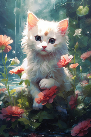 This kitten is playing in a field of flowers and looks very happy. The flowers are a deep scarlet color and are a beautiful contrast to the kitten's white fur. This is a very unique and beautiful scene.の素材