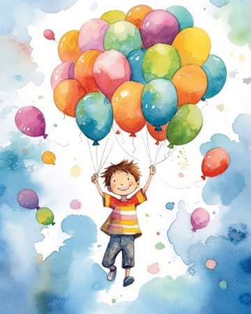 This illustration is super cute and would be perfect for a postcard! The boy is flying balloons in the sky and looks very happy. The background is a soft grey color with some bright red and blue accents. This would be perfect for a birthday card!の素材