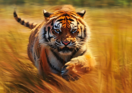 The tiger is running at an intense, incredible speed through the tall grass and wild oil. It is determined and fast, and its gaze is professional and orange.の素材