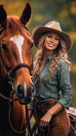 This image is of a natural smile woman cowboy posing hors hat standing next horse curly blond hair face body hybrid portrait wearing shirt cats gentle real person modestly dressed uniquely backdrop. The woman in the image is smiling naturally, and is posing with a hors hat and a horse. She has curly blond hair, and is wearing a shirt with cats on it. She looks like a gentle, real person, who is modestly dressed. The backdrop is unique and makes the image stand out.の素材