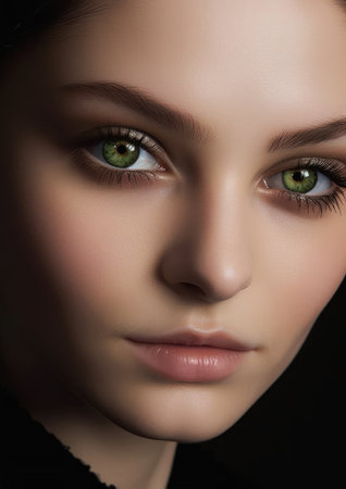 This is a closeup of a woman with green eyes and light brown skin. She is wearing a black shirt and has a natural smile. She has a minimal amount of smoked eye shadow and her face is luminous. This is a large, monochromatic, soft, frontal, full face, thin image.の素材