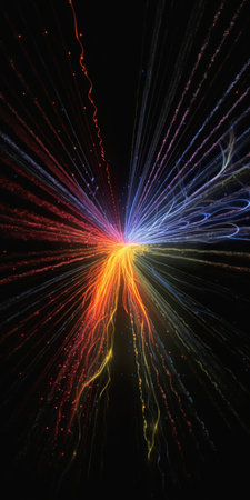 A huge explosion sends light zooming past in streaks on a July day. Closeup of the explosion reveals singularities that are exploding.の素材