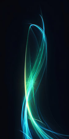 This image is an abstract depiction of light in motion. The light is blue and green, and it is zooming past a background of twisted flux. The light source is at the top left, and the light traces a path to the right. This image is reminiscent of the sword Excalibur, which is often associated with light and power.の素材