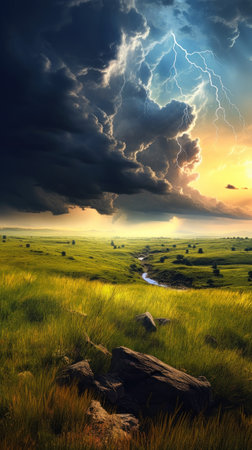 A thunderstorm is a beautiful and powerful thing to witness. It is amazing to see the raw power of nature up close. The thunderstorm is a distance field river running sky grasslands two sides story swirling energy bad weather end time scattered clouds atmospherical glowing.の素材