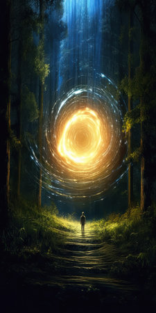 The ephemeral light zooming past the man walking down the path in the middle of the forest was an interstellar infinity portal healing energy still movie arrival yellow spell transforming unconnected centered. The light was so bright that it was almost impossible to look at it directly, and it seemed to be moving at an impossible speed. The man walking down the path was completely unaware of the light, and it didn't seem to have any effect on him.の素材