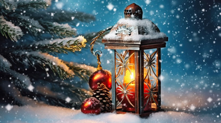 This image shows a close up of a snowy lantern with fir branches and baubles. The banner in the background says avatar and lost time. The image is relevant to the theme of love and searching for lost time.の素材